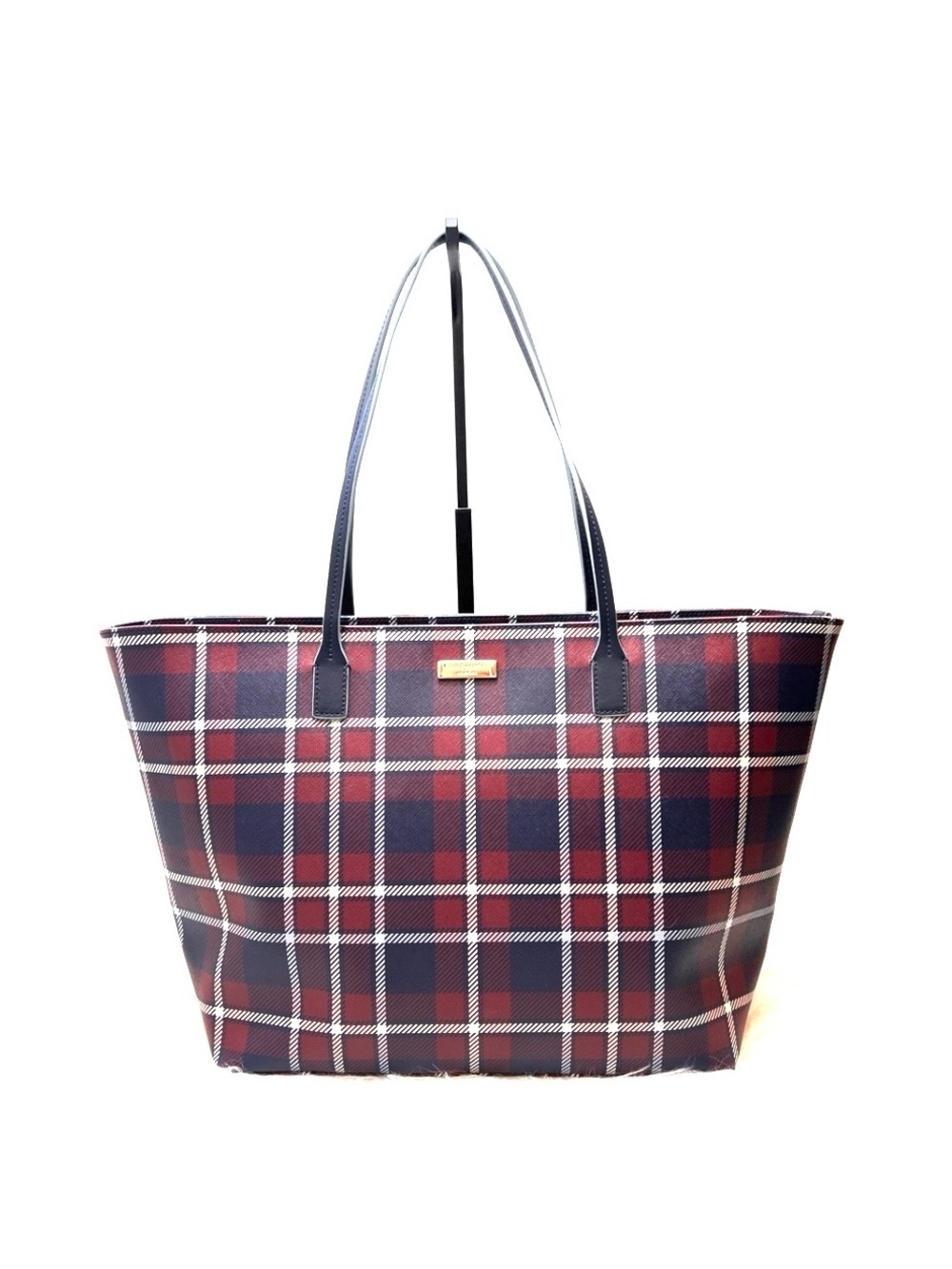 Kate Spade Burgundy/Navy Plaid Large Tote Bag
